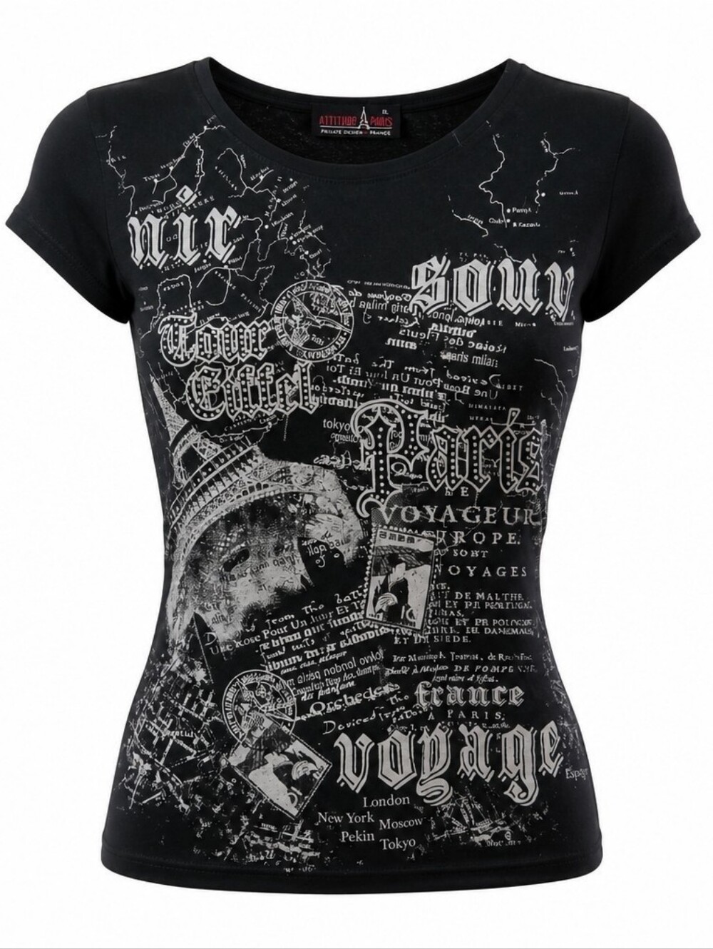 Attitude Paris Top Tee-Shirt Graphic Paris Themed White Print Short Sleeve XL